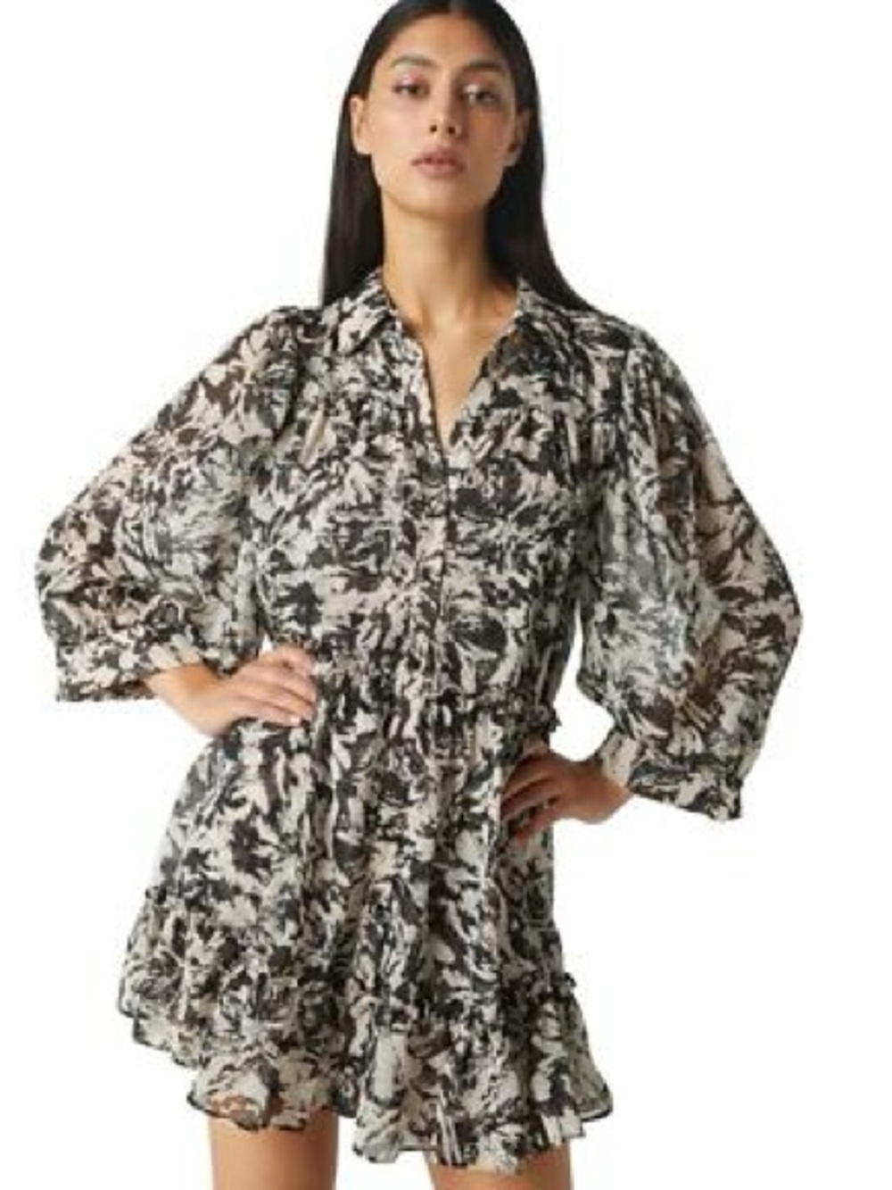 🔳 MISA Los Angeles mita black white abstract print chiffon mini shirt dress🔳